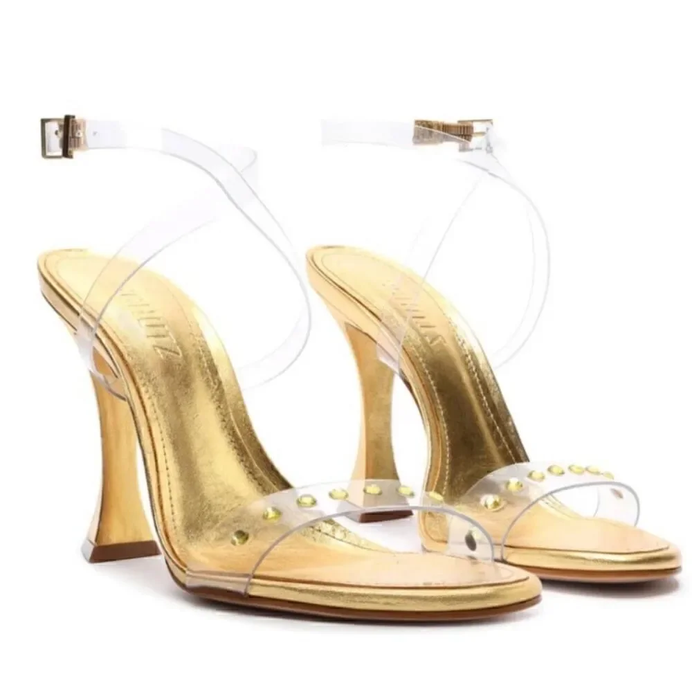 Schutz Size 5 B Glasy Gold Metallic Transparent Heel Sandals M